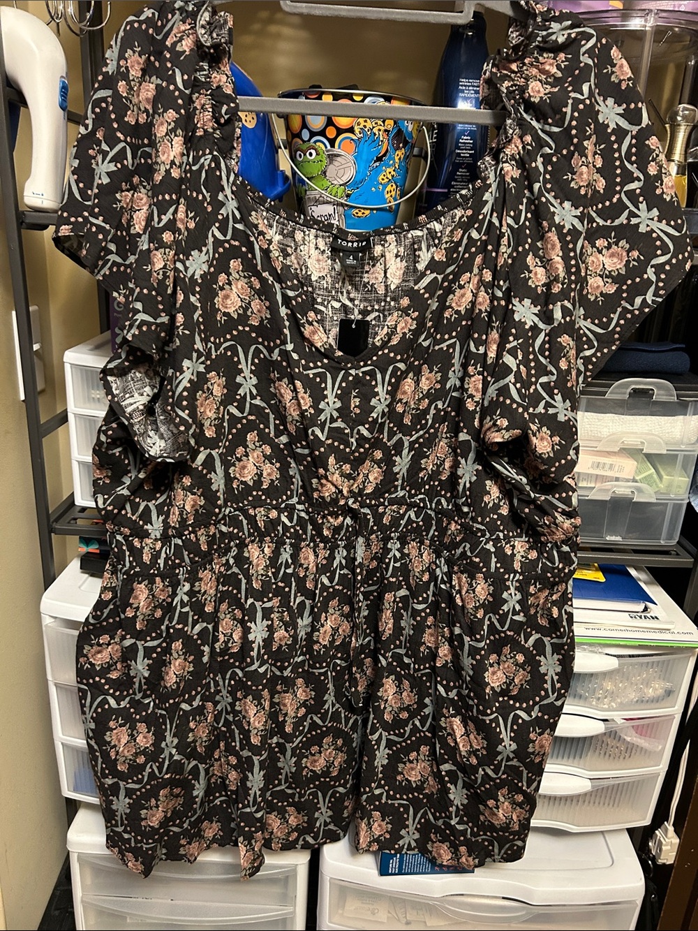 torrid Black Floral Peasant Top with Pink Roses and Sage Accents